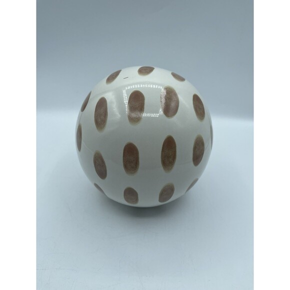 Painted Ceramic Sphere Sculpture, White with Brown Spots, Circumference 18.5in - Picture 1 of 6